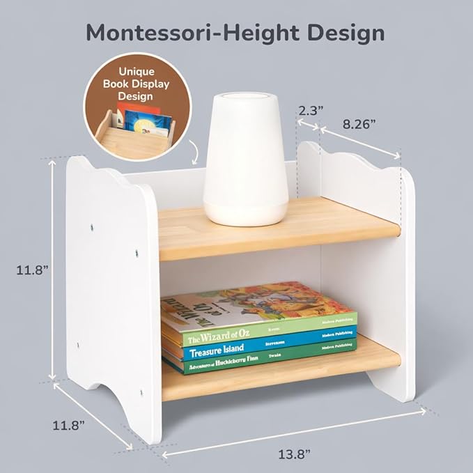 Ocodile Kids Nightstand for Floor Beds, Solid Wood Small Bedside Table with Book Pocket, Low Tiny Nightstand for Nursery, Toddler & Kids Room, Montessori Style Side Table - White