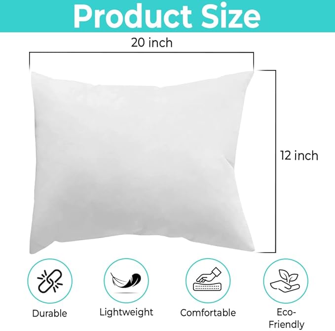 QUBA LINEN 12 x 20 Throw Pillow Insert - Pack of 2 White, Down Alternative Pillow Inserts for Decorative Pillow Covers, Throw Pillows for Bed, Couch Pillows for Living Room (12x20 Inch (Pack of 2))