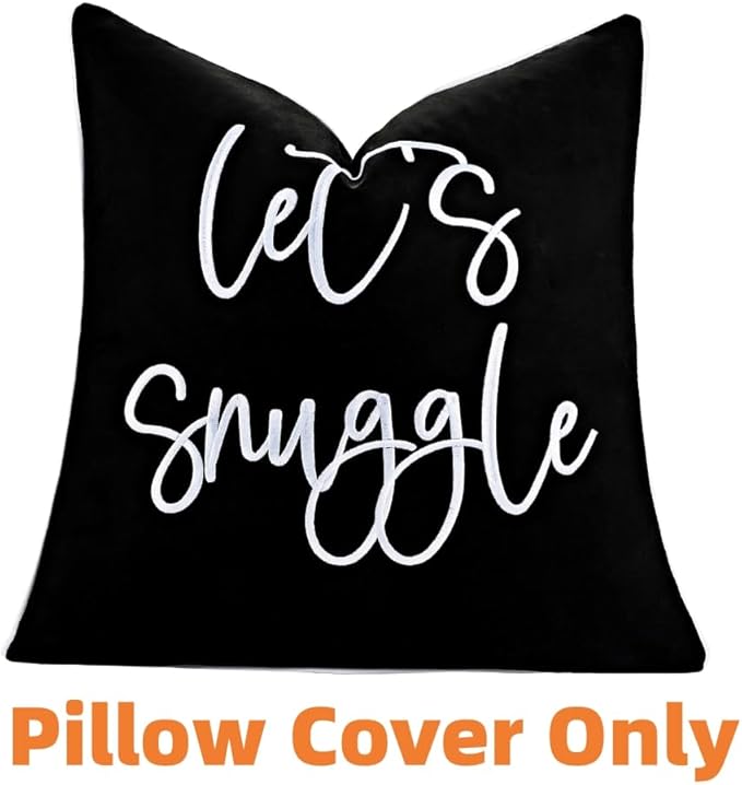 Sunkifover Let's Snuggle Decorative Throw Pillow Cover - 18" x 18" Black and White Cotton Embroidery Suqare Throw Pillowcase for Bed, Bedroom, Living Room, Home Decor