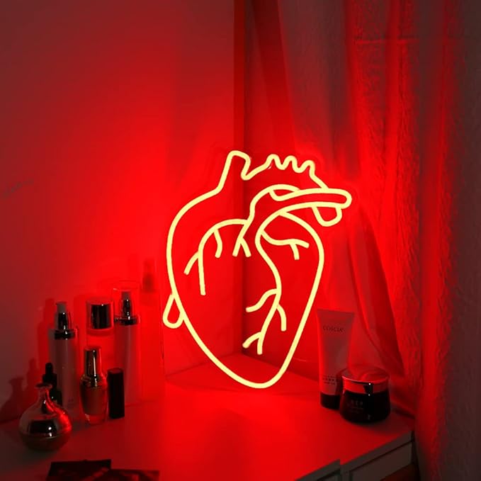 Human Heart Neon Sign USB Powered, Anatomical Heart LED Neon Light for Wall Decor, Dimmable Neon Sign for Bedroom, Party, Bar, Living Room