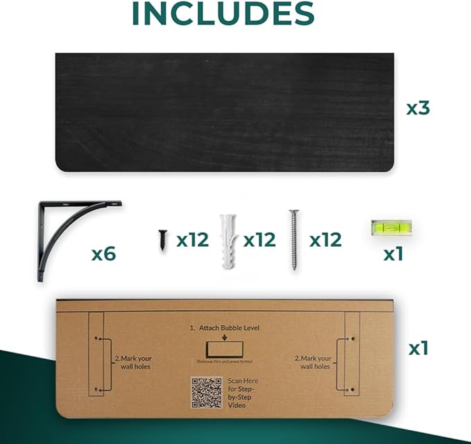 Willowy Reinforced Steel Bracket Black Wall Shelves for Bedroom - Easy to Install, Template and Video Included - Long Black Wall Shelf, Hanging Shelf, Wall Shelf, Wall Bookshelf