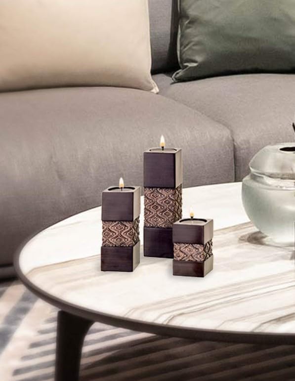 Creative Scents Dublin Brown Set of 3 Small Tealight Candle Holders Table Decor Gift Set - Centerpieces for Living/Dining Room Table, Coffee Table Decor for Fireplace/Entrance or Bathroom