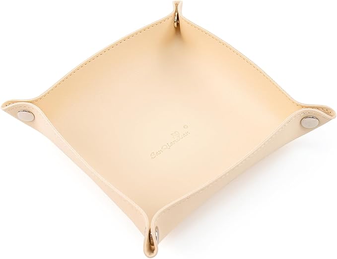 SANQIANWAN PU Leather Arc Edge Jewelry Valet Tray for Man and Women, Portable Mini Entryway Table Tray Bedside Nightstand Desk Tray Small Travel Dish Plate for Key,Wallet,Watch,Coin (Beige)