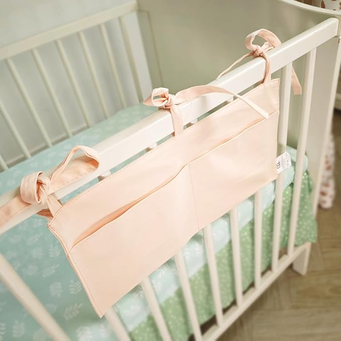 Baby Bedside Bag - 2 Pockets Crib Organizer Hanging for Crib,5 Colors Selection -Baby Toys Storage High-Capacity Baby Hanging Organizer (Apricot color)