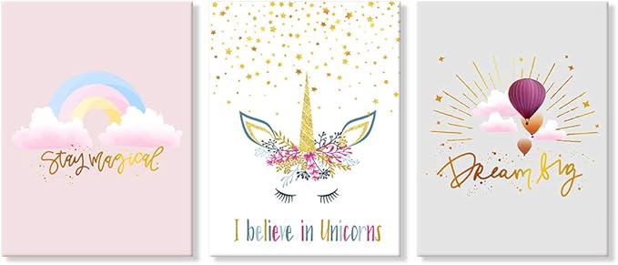 3 Pieces Unicorn Bedroom Decor for Girls Princess Room Decor Rainbow Pink Toddler Girl Room Decor Canvas Prints Motivational Colorful Hot Air Balloon Cartoon Unicorns Framed Pictures for Teen Girl Women Nursery Bathroom Decor 12"x16"(30x40cm)