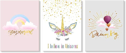 3 Pieces Unicorn Bedroom Decor for Girls Princess Room Decor Rainbow Pink Toddler Girl Room Decor Canvas Prints Motivational Colorful Hot Air Balloon Cartoon Unicorns Framed Pictures for Teen Girl Women Nursery Bathroom Decor 12"x16"(30x40cm)
