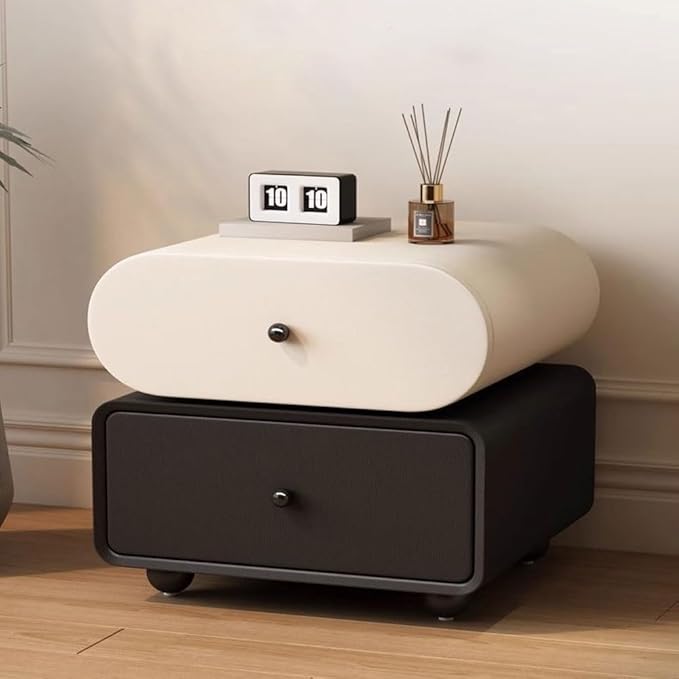 Modern 2-Drawer Nightstand, PU Leather Minimalist Bedside Table, Small Storage Cabinet for Bedroom, Rounded Decorative Side Table(Brown,45cm-17.7in)