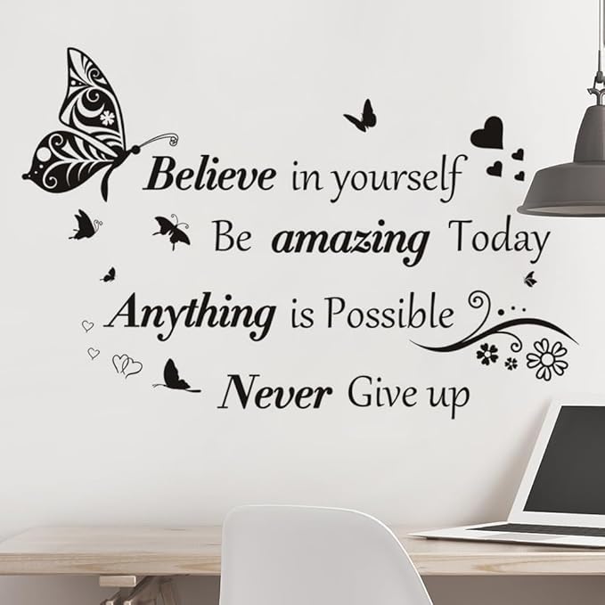 Inspirational Quotes Wall Decals Large Removable Motivational Saying Wall Stickers Positive Lettering Butterfly Sticker for Classroom Home Bedroom Family Office Wall Art Decor