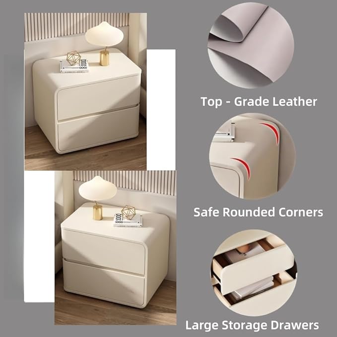 Bedside Table Set of 2 with Drawers, Simple Leather Bedside Table, Left and Right Combination Bedside Tables Suitable for Bedrooms(Beige,Large)
