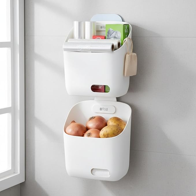 LeleCAT Plastic Hanging Basket Kitchen Storage organizer, Basket with Detachable hook, Hang it behind a door or on a railing, Over the Cabinet Door (Light White, Small) 2pack
