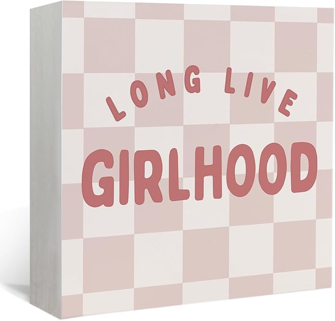 Lacama Girls Room Wooden Box Sign, Long Live Girlhood Decorations Wood Block Signs, Retro Pink Checkered Wood Sign for Toddler Girls Nursery Room Bedroom Desk Shelf Wall Decor 5x5 Inches