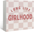 Lacama Girls Room Wooden Box Sign, Long Live Girlhood Decorations Wood Block Signs, Retro Pink Checkered Wood Sign for Toddler Girls Nursery Room Bedroom Desk Shelf Wall Decor 5x5 Inches