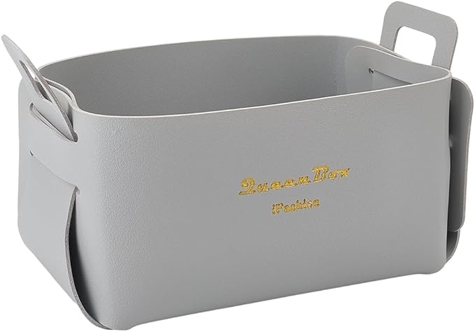 Foldable Storage Basket Bin PU Leather Desktop Organizer Box Gray Small Catchall Basket Rectangle Tray Double Handles for Entryway Bedside Dresser End Table Cosmetic Jewelry Key Wallet