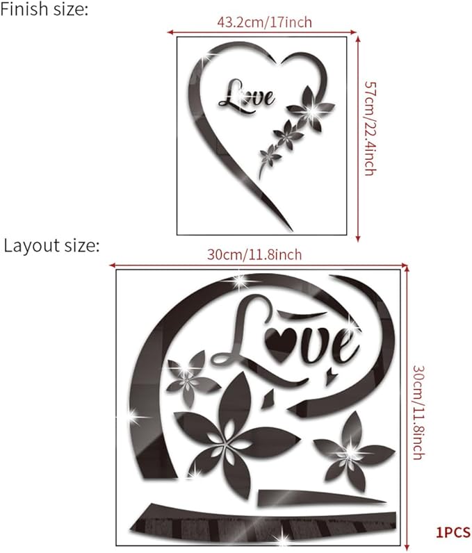 Heart Shape Mirror Wall Sticker, Self-Adhesive Love Heart Acrylic Mirror Wall Stickers Art Mural, DIY Walls Art Home Decor Heart Mirror Wall Decals for Living Room Bedroom Bathroom Office (Black)