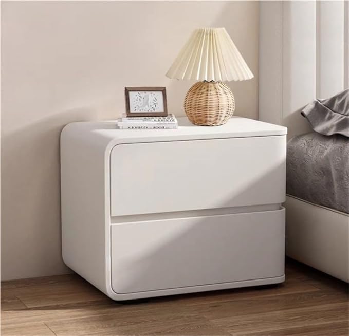 Minimalist Bedside Table Wood Bedside Furniture, Leather Nightstand with 2 Drawer Storage Modern Night Stand for Bedroom, Living Room, 17.7x15.7x18.9inch(White,Left)