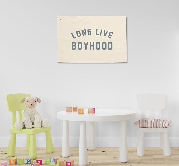 MINI ZOZI Long Live Boyhood Hanging Flag 20X30 Banners Blue Canvas Wall Decor Art Sign Boys Room Boy Bedroom Banner Toddler Playroom Baby Kids Nursery Fabric Flags Tapestry