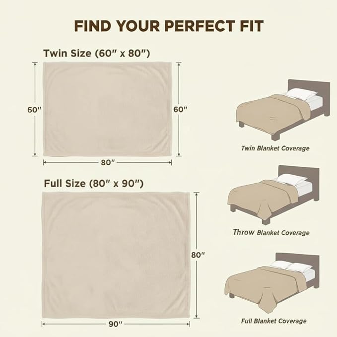 Fleece Blanket Twin - 60x80 Inch Lightweight & Buttery-Soft Throw for Bed, Sofa, Camping | 300GSM Cloud-Touch Microfiber | Cozy Essentials for Travel & Movie Nights, (Cream)