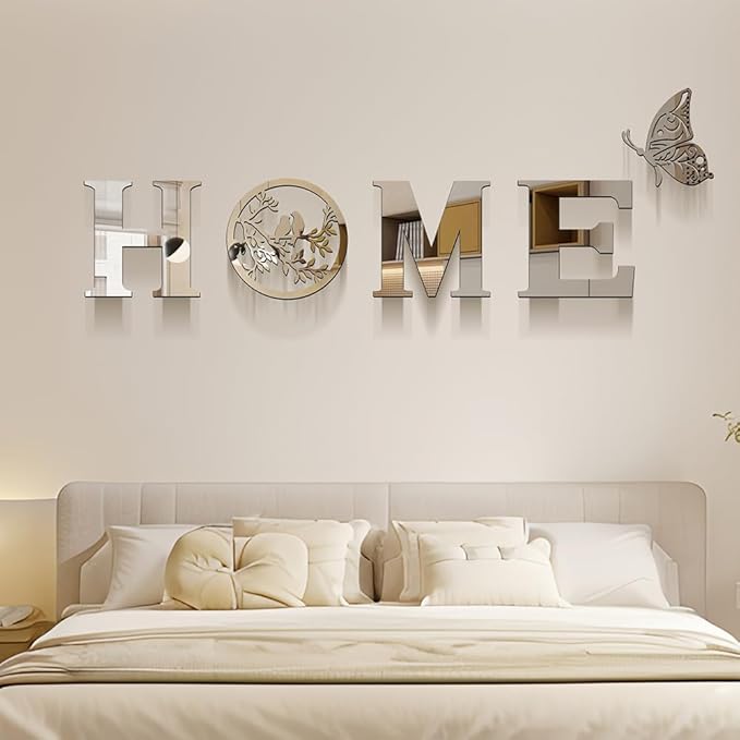 CrazyDeal Home Signs Wall Decor Letter Signs Length Mirror Wall Stickers Decorations for Living Room Bedroom Farmhouse The Home Modern Decorations Bird Wall Art Large（Silver Acrylic,49.2 X 15.7 Inch）