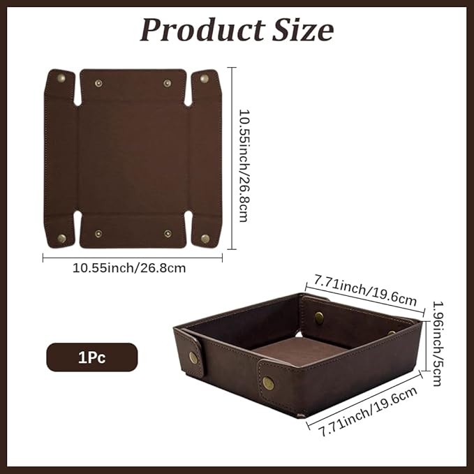 PU Leather Valet Tray Foldable Leather Jewelry Storage Case Catchall Travel Dish Plate Dark Brown Necklace Pendant Organizer Holder Container for Men Women Desk Bedside Drawers