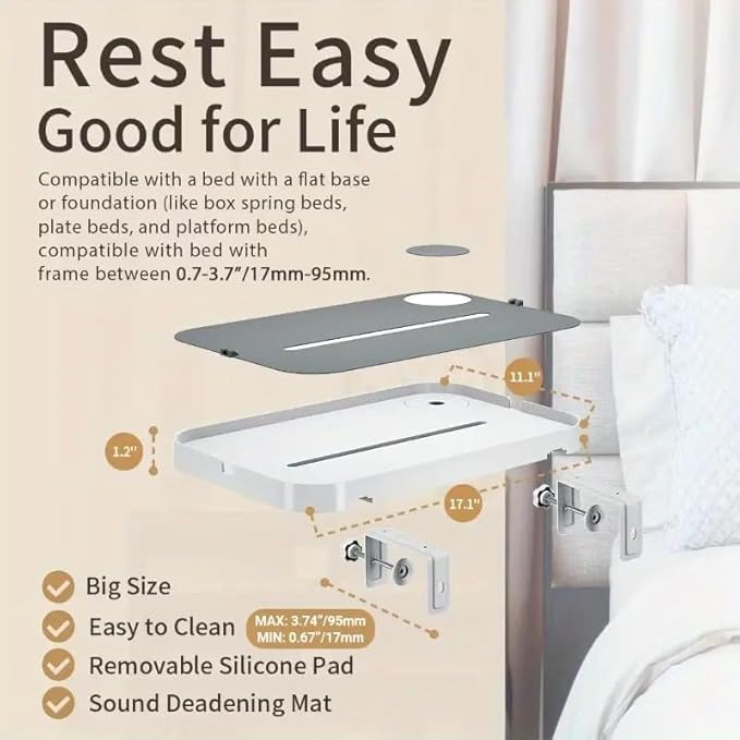 Bedside Shelf for Dorm Room Bunk Bed & Top Bunk, College Dorm Room Essentials, Bedside Caddy, Clip on Floating Desk Tray, Bed Side Table Storage, Loft Nightstand Decor - Cable Catch, Black。
