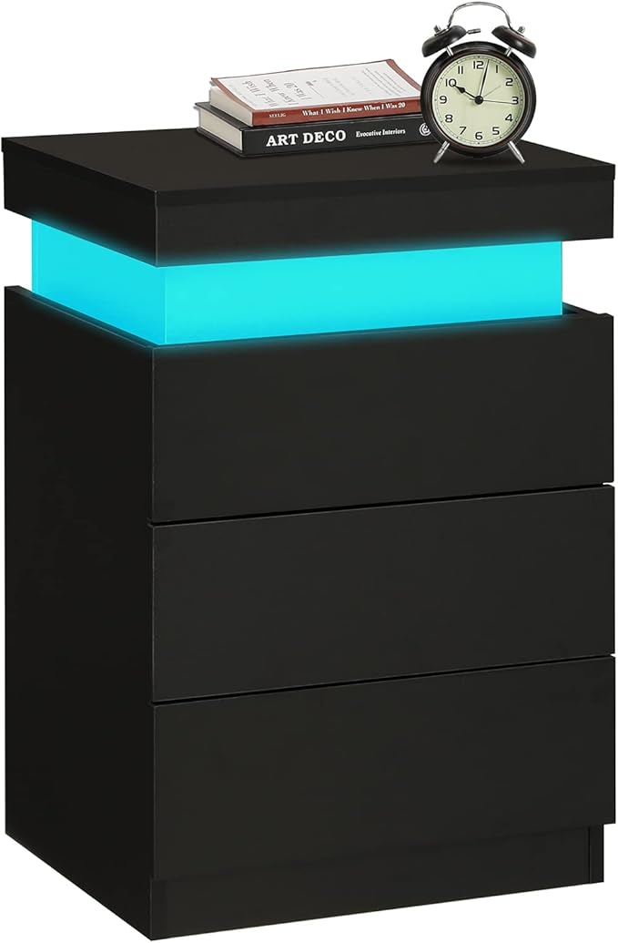 ADORNEVE Nightstand with Charging Station and LED Lights,Night Stand with Sliding Top,Bedside Table with Drawers,Modern End Side Table for Bedroom,Black