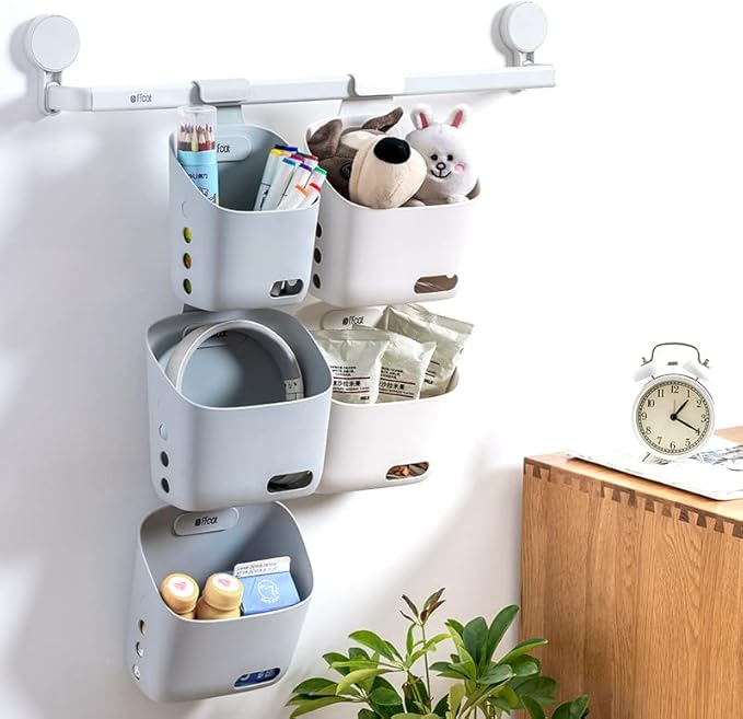 LeleCAT Plastic Hanging Basket Kitchen Storage organizer, Basket with Detachable hook, Hang it behind a door or on a railing, Over the Cabinet Door (Grey, Large-2 Pack)