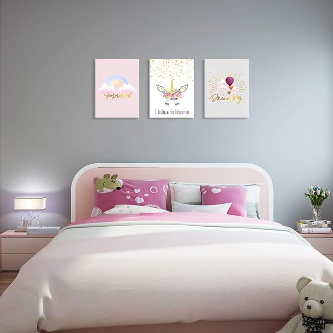 3 Pieces Unicorn Bedroom Decor for Girls Princess Room Decor Rainbow Pink Toddler Girl Room Decor Canvas Prints Motivational Colorful Hot Air Balloon Cartoon Unicorns Framed Pictures for Teen Girl Women Nursery Bathroom Decor 12"x16"(30x40cm)
