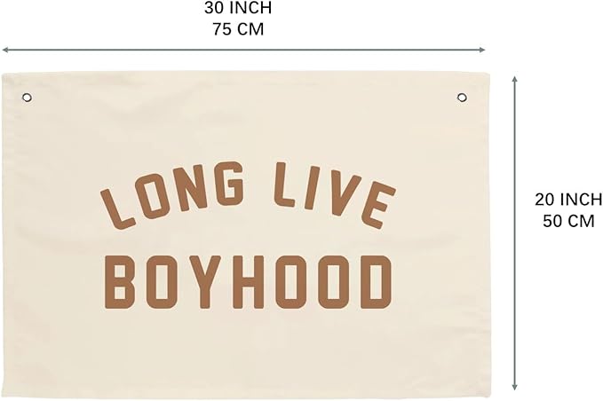 MINI ZOZI Long Live Boyhood Hanging Flag 20X30 Banners Orange Canvas Wall Decor Art Sign Boys Room Boy Bedroom Banner Toddler Playroom Baby Kids Nursery Fabric Flags Tapestry