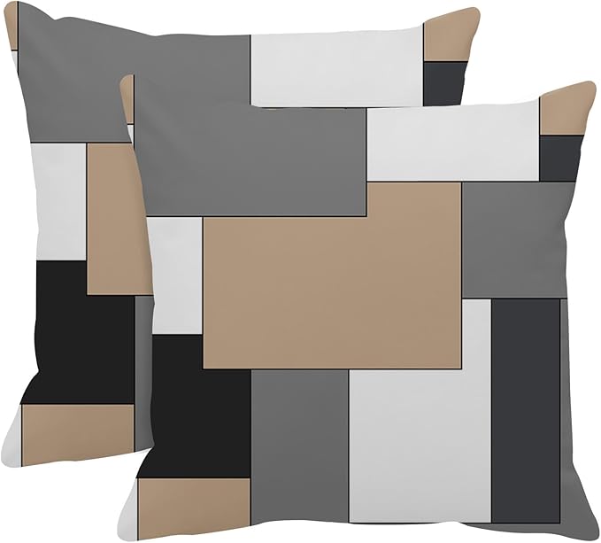 Emvency Set of 2 Brown Geometric Throw Pillow Cover Black Grey White Painting Abstract Checkered Design Decorative Pillow Case Modern Home Decor Standard Square 18x18 Inch Cushion Pillowcase