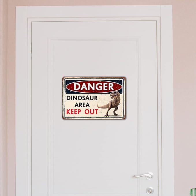 Funny Dinosaur Signs Wall Decoration Boys Bedroom Decor Retro Caution Metal Sign Dinosaur Poster Theme Dinosaur Room Decor Kids Gift Bathroom Cave Dinosaur Accessories Decorations 12x8 Inch