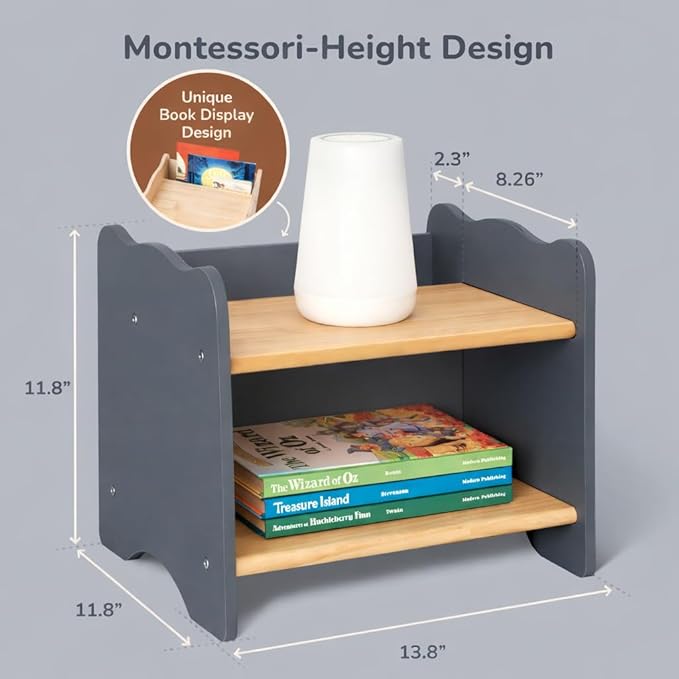 Ocodile Kids Nightstand for Floor Beds, Solid Wood Small Bedside Table with Book Pocket, Low Tiny Nightstand for Nursery, Toddler & Kids Room, Montessori Style Side Table - Gray