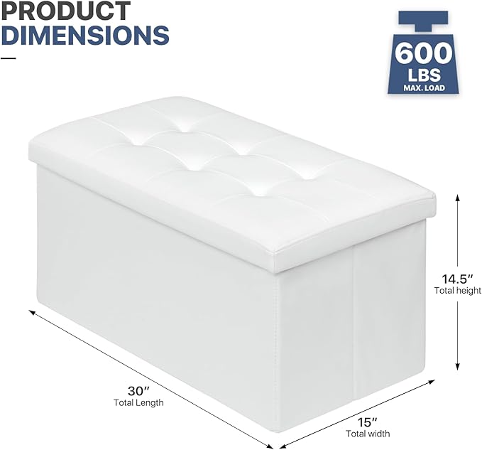 MoNiBloom 30 Inch Storage Ottoman Bench, 24 Gal. Folding Ottoman Footrest, End of Bed Bench, Rectangle Foot Stool, Supports 600 lbs, for Bedroom, Living Room, Entryway, Hallway, White