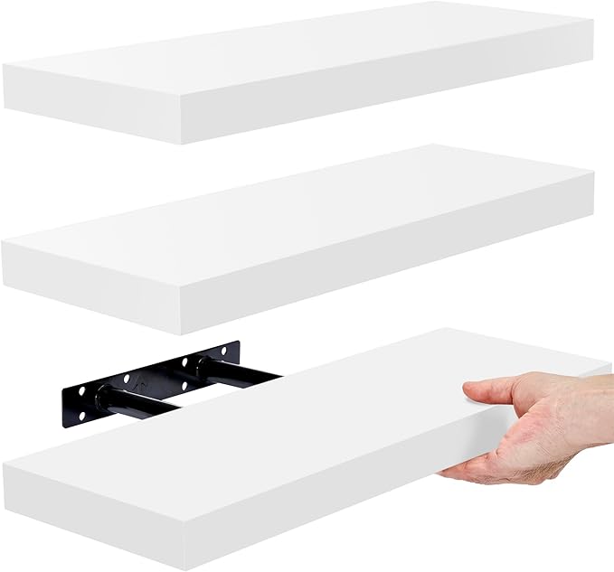 Sorbus Floating Shelves for Wall – 16 Inch Floating Shelf for Kitchen, Bedroom, Living Room, Bathroom, Home & Wall Decor - Mounted Bathroom Shelves with Invisible Brackets (White, 3 Pack)