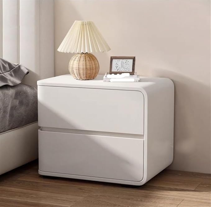 Modern Bedside Table, Solid Wood, Cream Leather, Luxury Night Stand with 2 Drawers (White, Right)