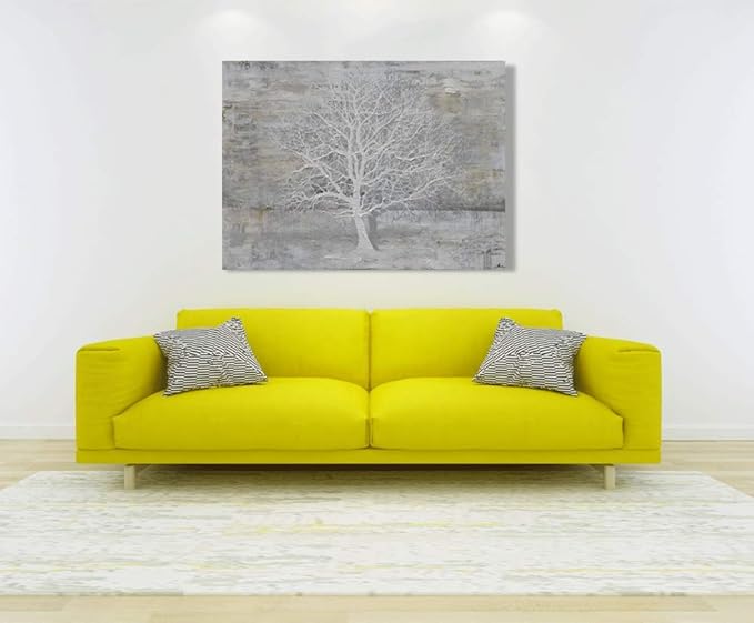 Yihui Arts Tree Of Life Canvas Wall Art Hand Painted Grey White Beige Paintings Modern Abstract Forest Pictures Artwork for Living Room Bedroom Office Decoration
