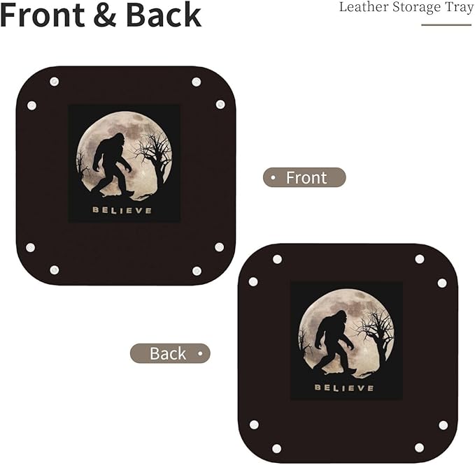 Decorative Bigfoot Sasquatch Full Moon Leather Vanity Tray Desktop Storage Organizer, Reddish Brown Square Foldable Sturdy Leather Tray for Keys Phone Wallet Coin Jewelry, S