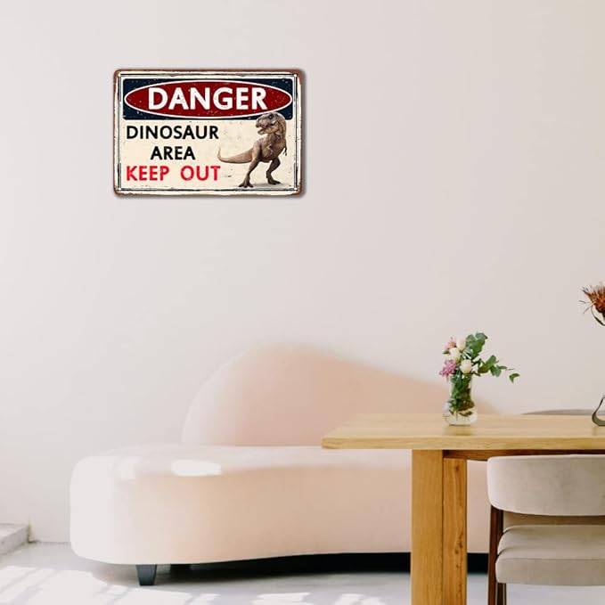 Funny Dinosaur Signs Wall Decoration Boys Bedroom Decor Retro Caution Metal Sign Dinosaur Poster Theme Dinosaur Room Decor Kids Gift Bathroom Cave Dinosaur Accessories Decorations 12x8 Inch