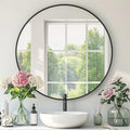 Black Round Mirror, 28 Inch Black Circle Mirror, Metal Frame Round Wall Mounted Mirrors for Bathroom, Living Room, Bedroom, Entryway, Vanity