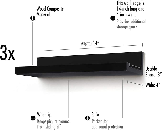 Americanflat 14" Floating Shelves for Wall - Set of 3 - Made of Engineered Wood with Lipped Ledge - Floating Wall Shelves for Bedroom, Bathroom, Kitchen, Office, and Living Room - Black