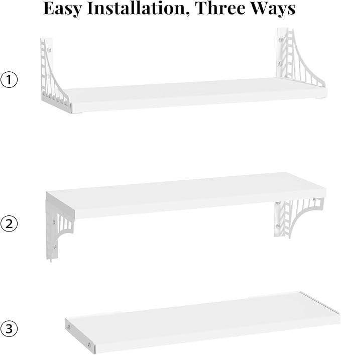 SRIWATANA Floating Shelves for Wall Decor, Bridge Design Wood Wall Shelves for Bedroom, Bathroom, Living Room & Kitchen, Set of 3 (White)