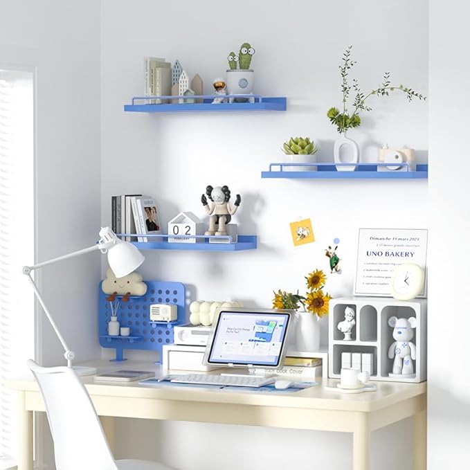 Blue Floating Shelves, Room Decor Shelves,Pink Kawaii Room Decor Wall Shelves for Living Room, Bedroom, Picture Frames, Plants, Kitchen, Set of 3 (Blue)