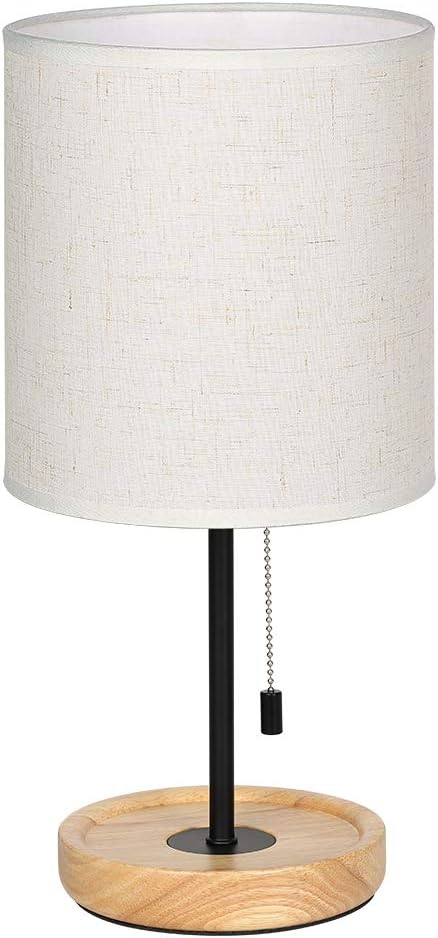 CADUKE Modern Table Lamp, Nightstand Desk Lamp, Bedside Lamp with Wood Base and Linen Shade for Living Room, Bedroom, Office, College Dorm