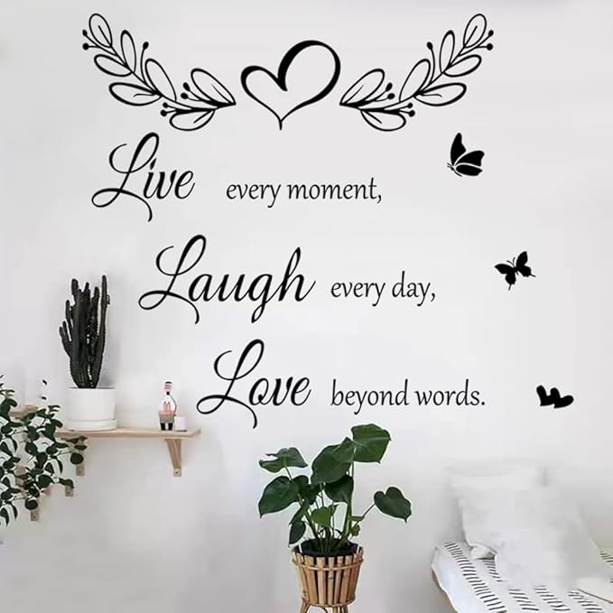 Family Inspirational Quotes Vinyl Wall Decal Quote Live Every Moment Laugh Every Day Love Beyond Words Wall Sticker Motivational Wall Stickers for Bedroom Living Room Window Decor Home Decor