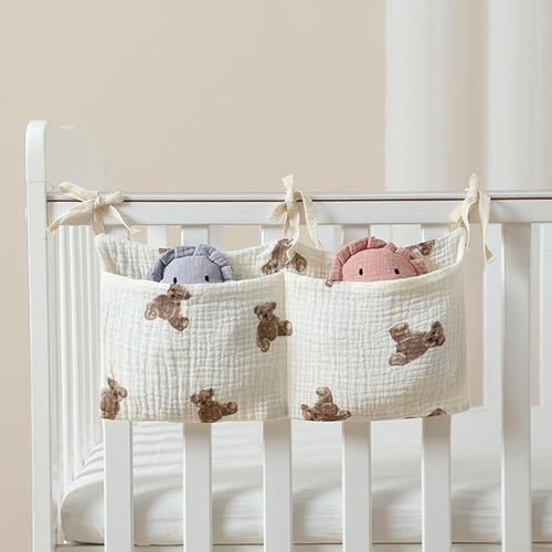 2Pcs White Bedside Hanging Bags Milk Bottle Bib-Storage Crib Organizer Baby Nappy-Dormitory Bed-Bunk Organizing Bag Nappy- Organizer, Little Bear Nursery Hanging Organizers