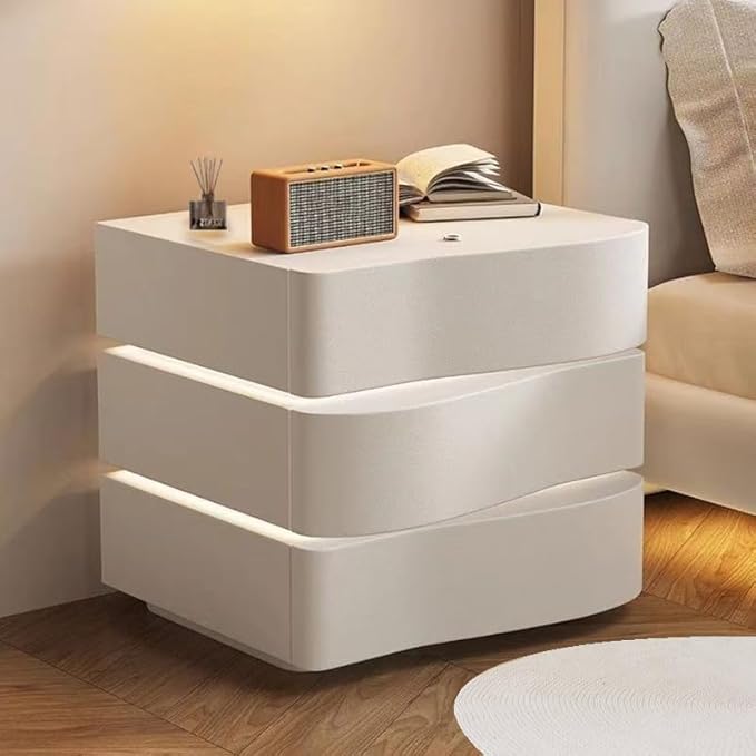 Modern Nightstand with LED Light, Leather Night Stand with Drawer, Solid Wood Bedside Table (3 Drawers, White)