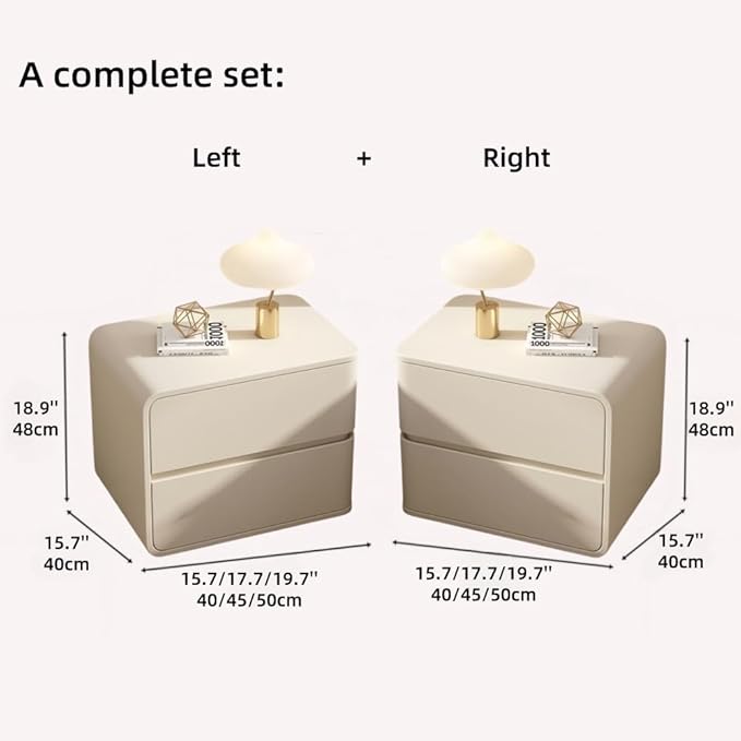 Bedside Table Set of 2 with Drawers, Simple Leather Bedside Table, Left and Right Combination Bedside Tables Suitable for Bedrooms(Beige,Large)