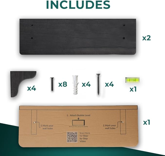 Real Wood Black Wall Shelves - 17 inch (2 Pack) - Easy to Install, Template and Video Included - Black Wall Shelving, Shelves for Bedroom, Shelves for Wall Decor
