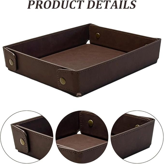 Foldable PU Leather Valet Tray Catchall Travel Dish Plate Dark Brown Leather Jewelry Storage Case Necklace Pendant Organizer Holder Container for Men Women Desk Bedside Drawers