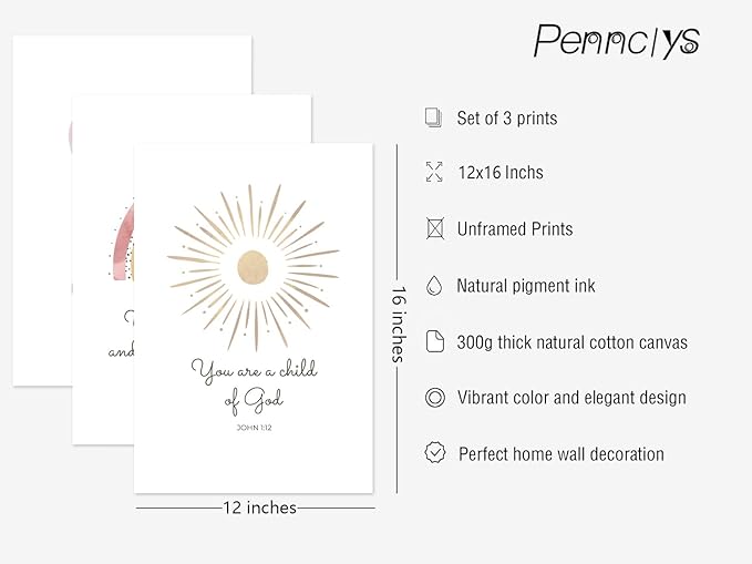 Boho Nursery Wall Art 3 Pieces Bible Verse Nursery Art Christian Girls Nursery Wall Art Heart Rainbow Sun Nursery Art Print Boho Sunshine Decor for Girl Baby Kid Room Decor 12x16 Inch Unframed