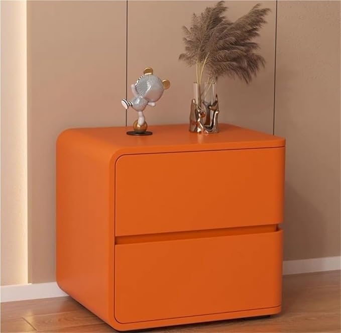 Minimalist Bedside Table Wood Bedside Furniture, Leather Nightstand with 2 Drawer Storage Modern Night Stand for Bedroom, Living Room, 17.7x15.7x18.9inch(Orange,Left)